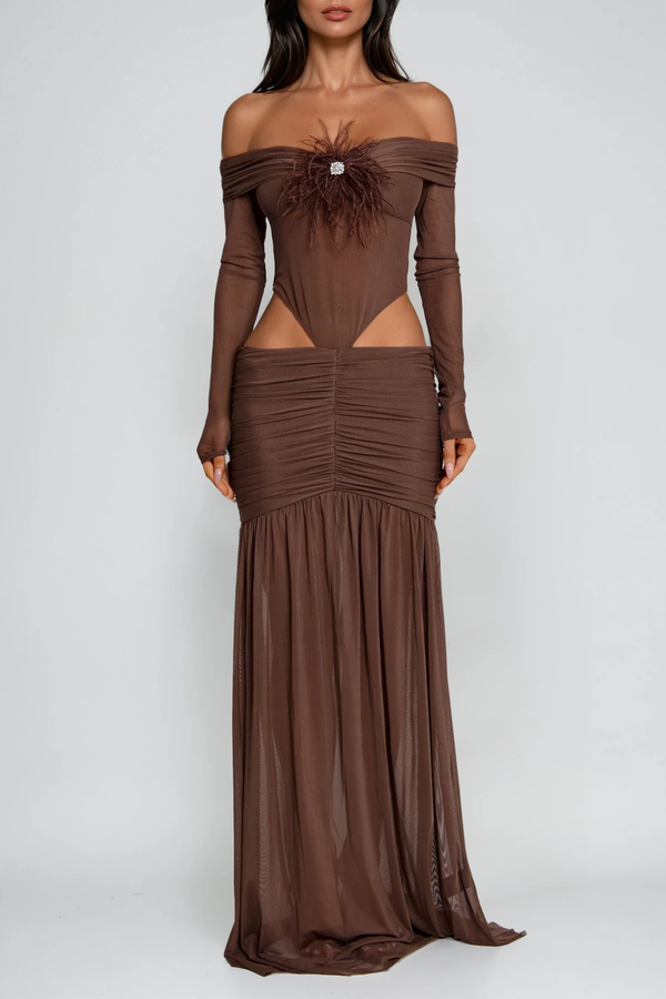 Doriano Off Shoulder Cutout Mesh Maxi Dress