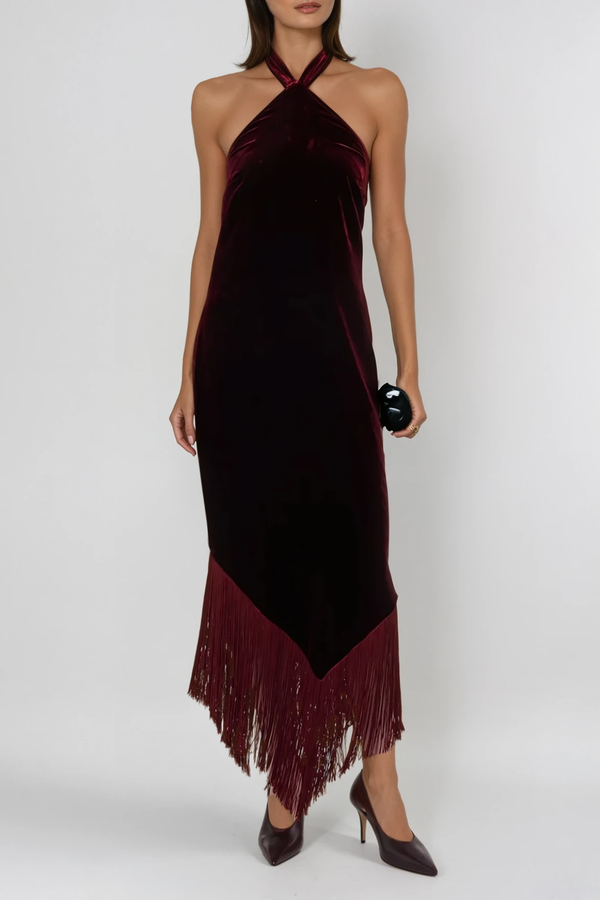 Dorrit Halter Neck Fringe Velvet Maxi Dress