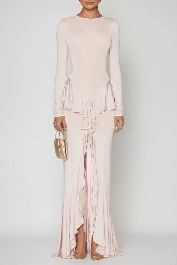 Doug Backless Ruffle Maxi Dress In Beige