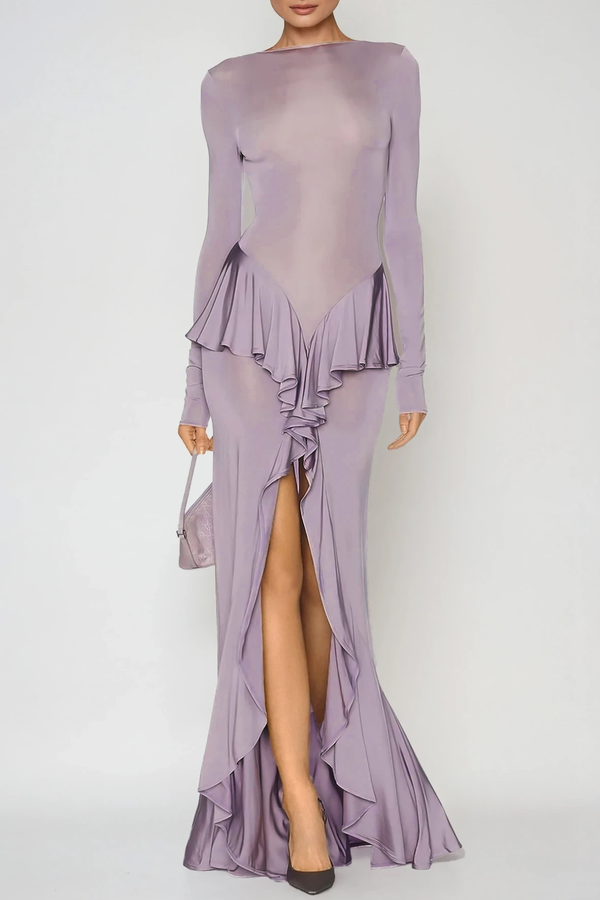 Doug Backless Ruffle Maxi Dress In Purple