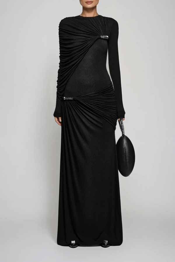 Douglass Asymmetric Ruch Maxi Dress In Black