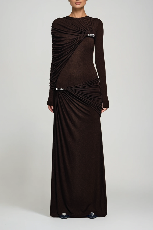 Douglass Asymmetric Ruch Maxi Dress In Brown
