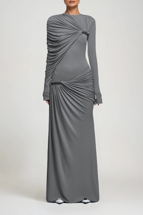 Douglass Asymmetric Ruch Maxi Dress In Grey