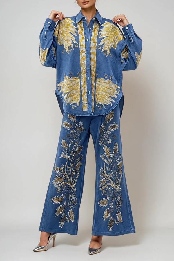 Dowlet Lapel Embroidered Denim Pants Set