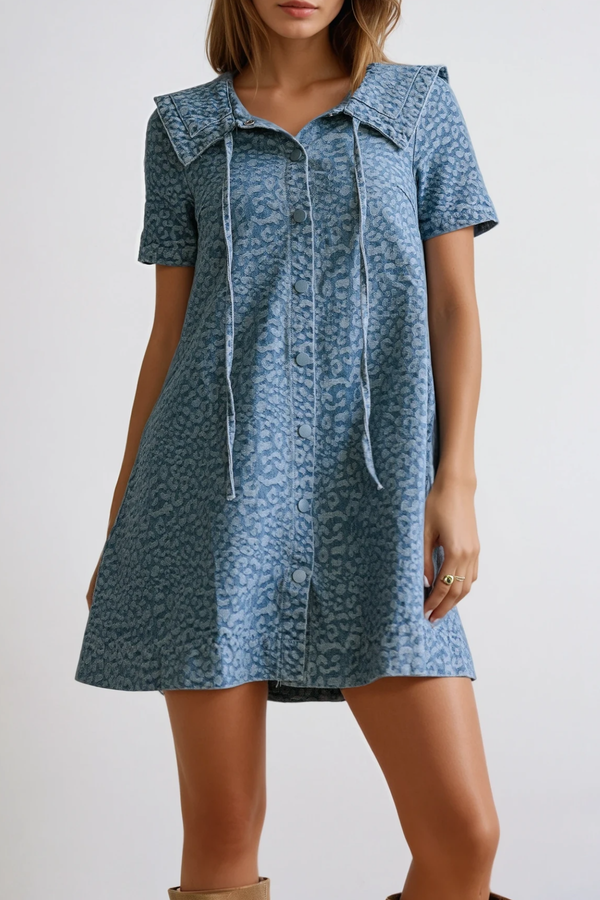 Dragutin Lapel Denim Leopard Mini Dress In Blue
