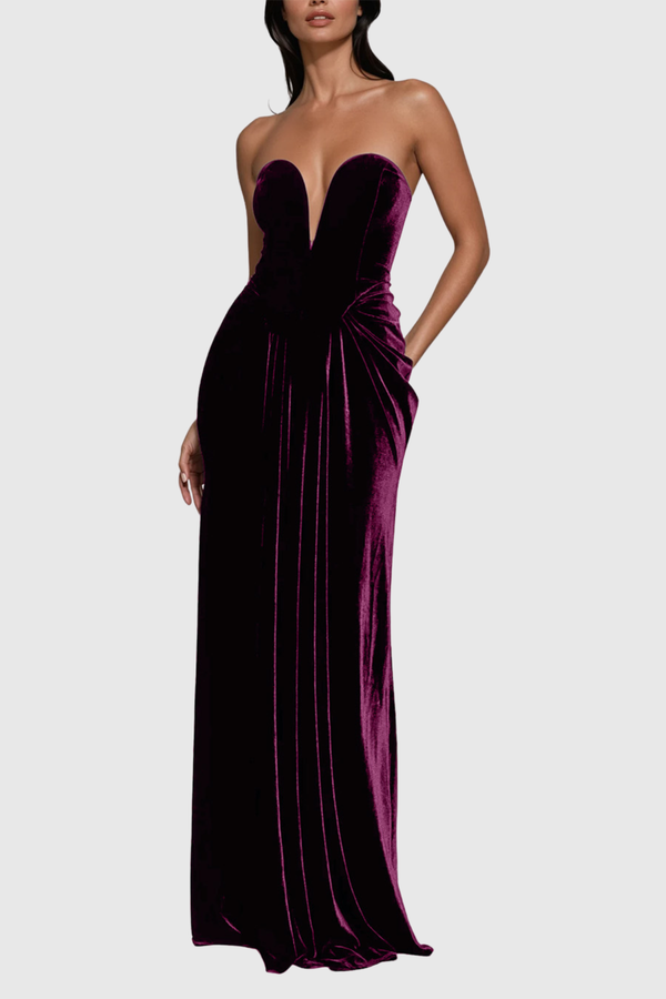 Drina Strapless Draped Velvet Maxi Dress