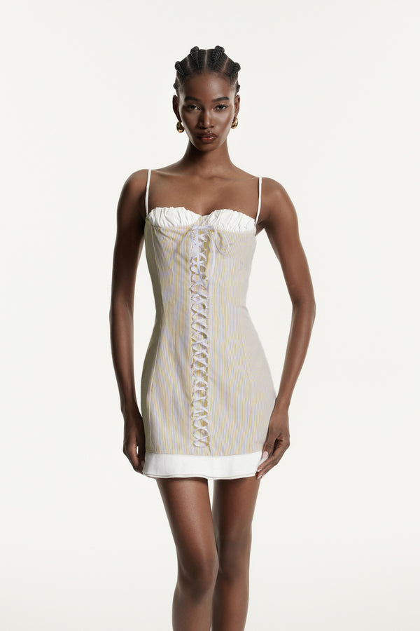 Dyrthis Spaghetti Lace Up Ruffle Mini Dress