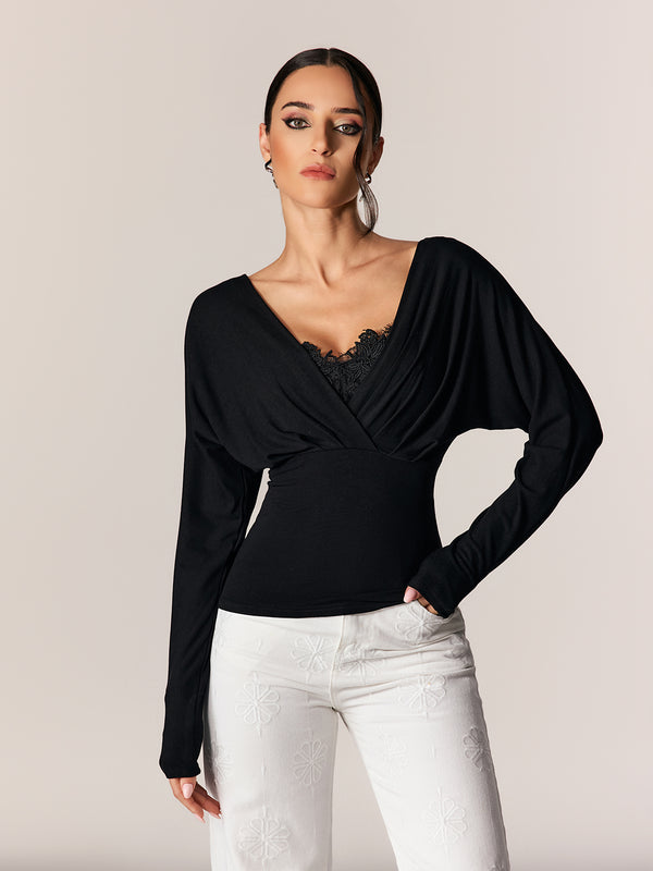 Edgaras V Neck Lace Ruch Top