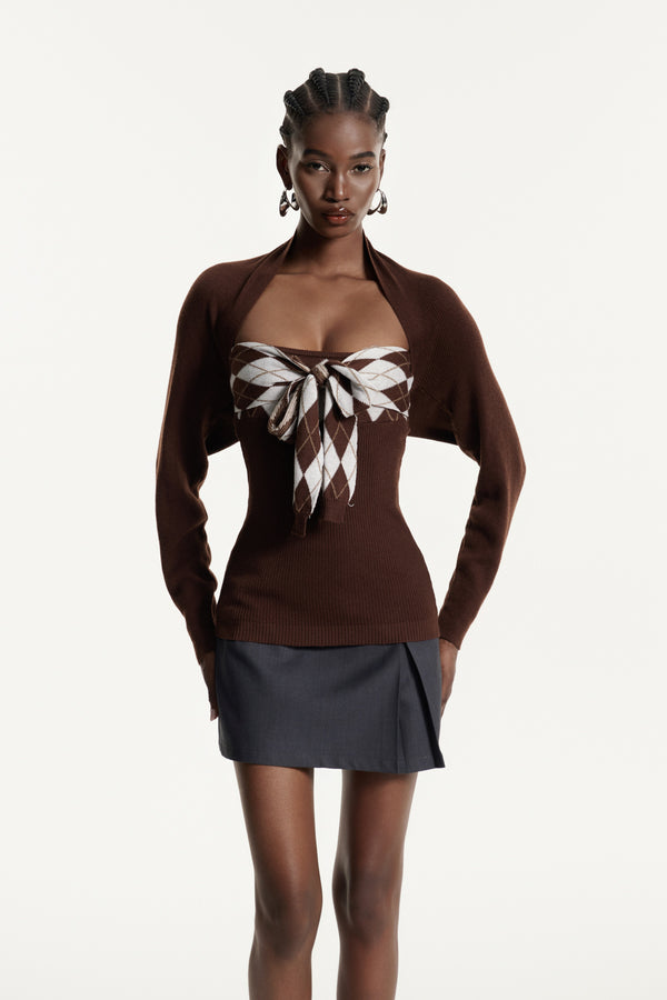 Edwyna Grid Tie Up Knit Top In Brown