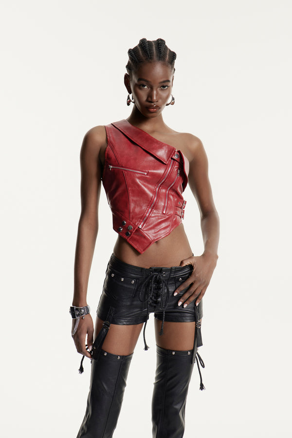 Edythe One Shoulder Asymmetric Leather Top