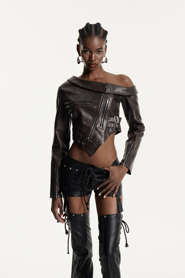 Edythe One Shoulder Deconstruct Leather Top