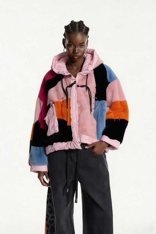 Eemeli Faux Fur Deconstruct Colorblock Jacket In Pink