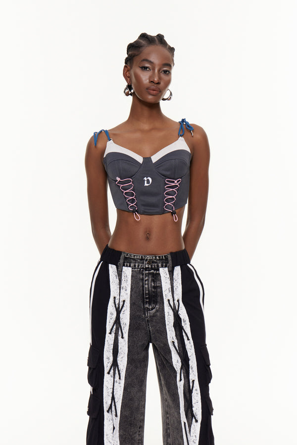 Eemil Spaghetti Lace Up Top In Grey