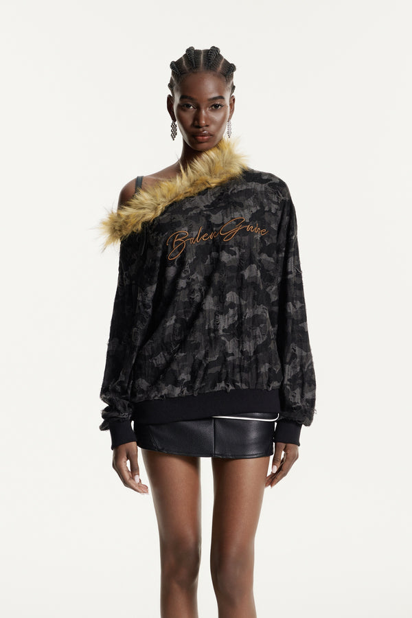 Efrem Camouflage Print Faux Fur Top