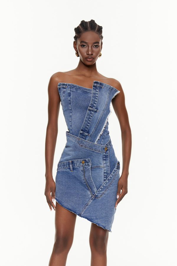 Egilmar Deconstruct Asymmetric Denim Mini Dress