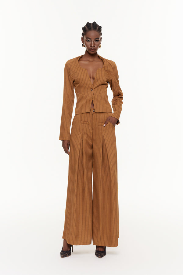 Ehab Stripe Plunge Ruch Pants Set