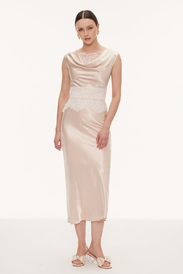 Einion Cowl Neck Lace Satin Skirt Set