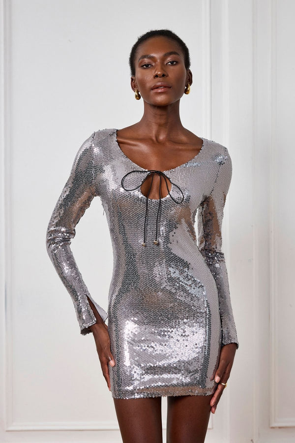 Aoibhe Long Sleeve Sequin Mini Dress In Silver