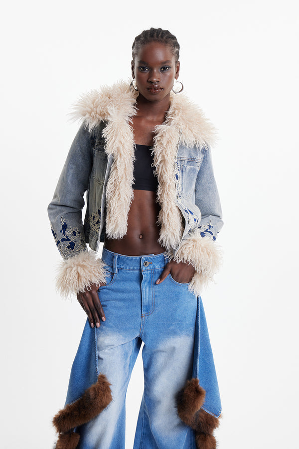 Elaia Faux Fur Embroidered Crop Denim Jacket