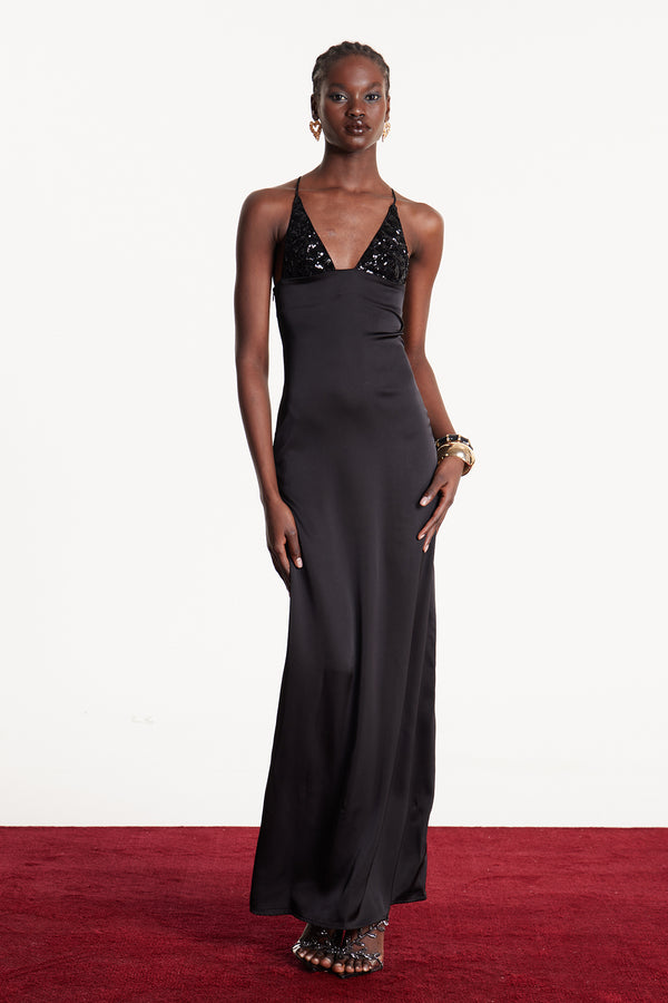 Eleanora Sequin Satin Maxi Dress