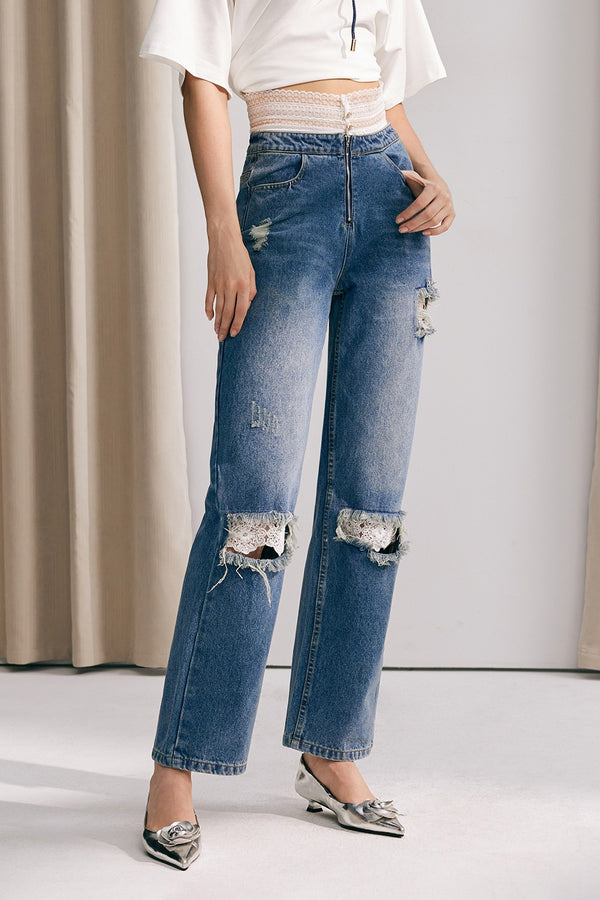 Elianna Lace Patchwork Torn Jeans