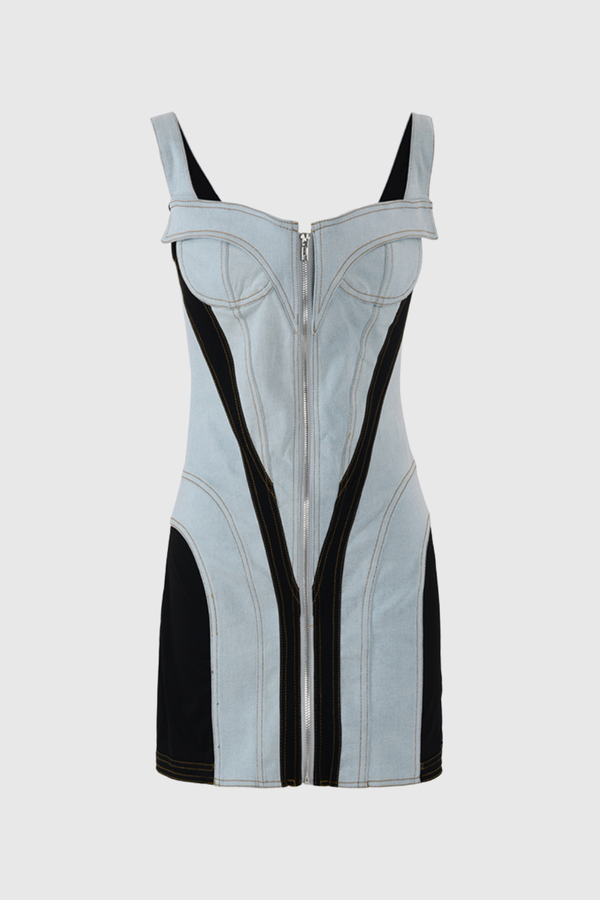 Eloise Backless Paneled Denim Dress