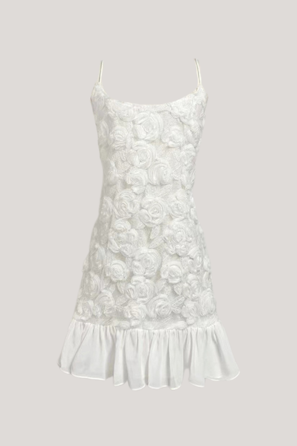 Emberly Spaghetti Flower Ruffle Mini Dress In White