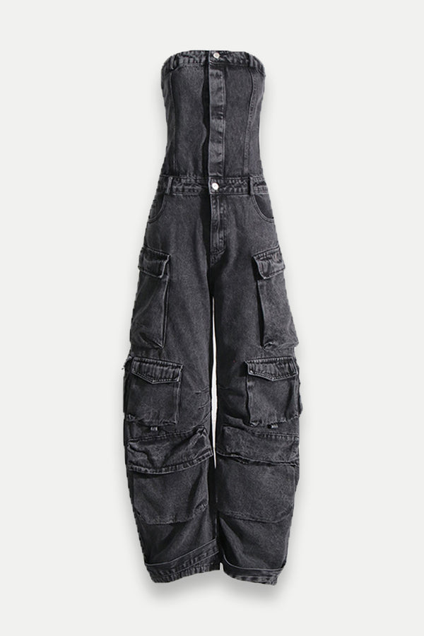 Emma Cargo Denim Jumpsuit In Grey