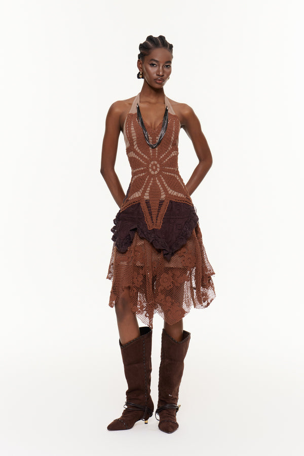 Fabricio Halter Neck Floral Knit Midi Dress