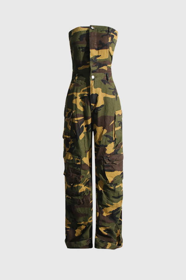 Hazel Camouflage Printed Strapless Jumpsuit In Yellow