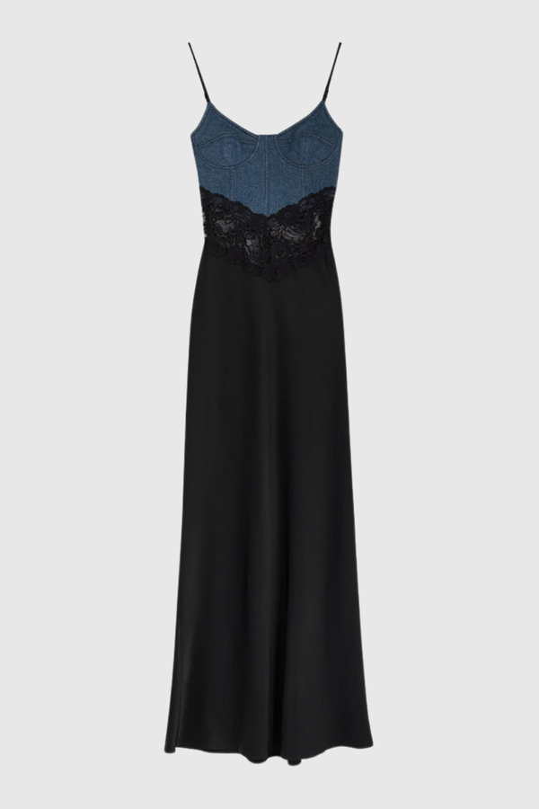 Isabella Denim Patchwork Maxi Dress In Black