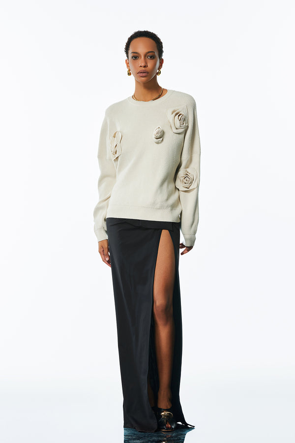 Jasmin Flower Long Sleeve Knit Top In Apricot