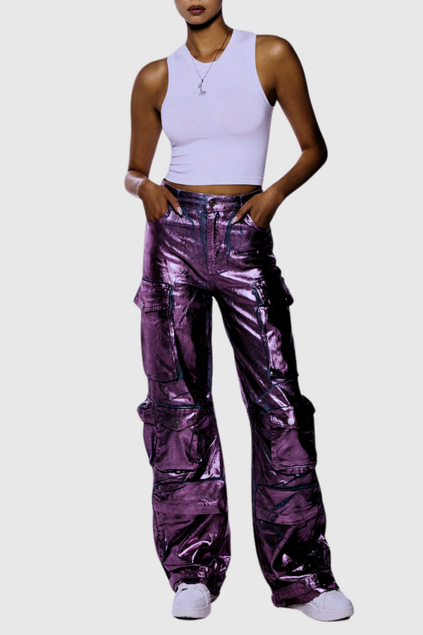 Jayda Metallic Cargo Jeans In Purple