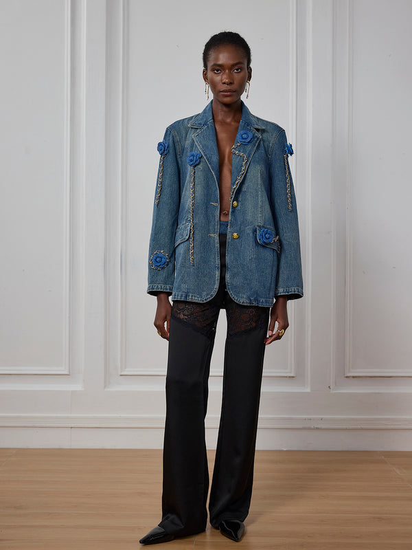 Joelle Flower Chain Lapel Denim Jacket