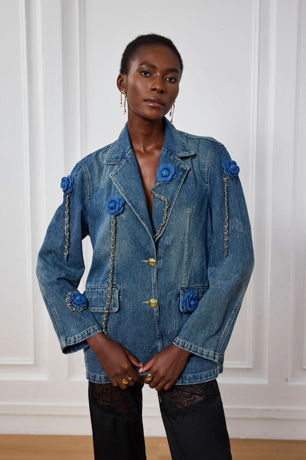 Joelle Flower Chain Lapel Denim Jacket