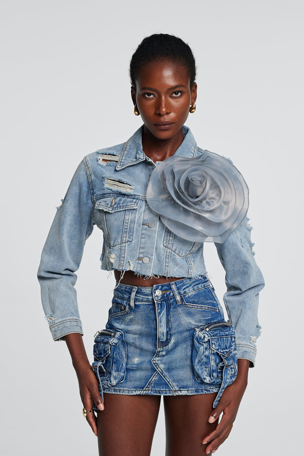 Johanna Torn Flower Denim Jacket In Blue