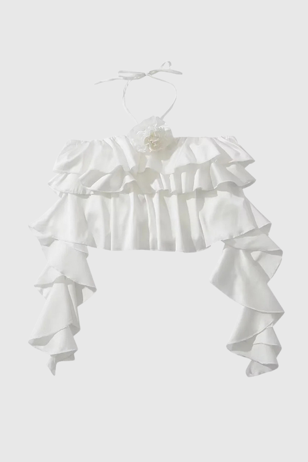 Jolene Flower Ruffle Fringe Top In White