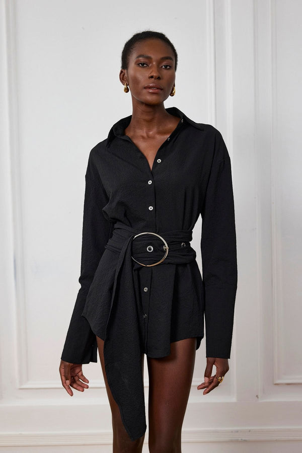 Kimora Buckle Ruch Shirt Mini Dress In Black