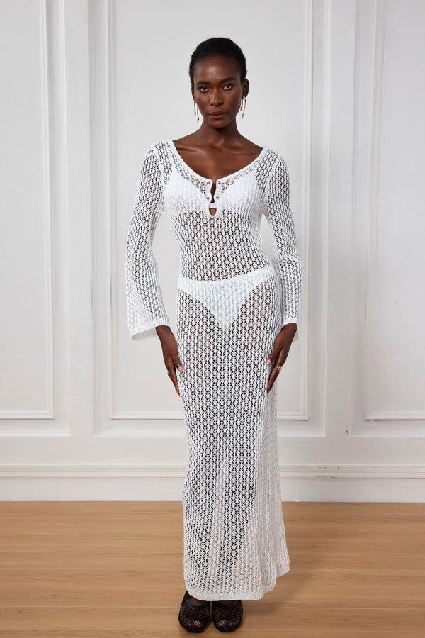Lana Knit Hollow Plunge Maxi Dress In White
