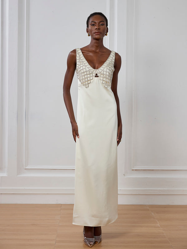 Ledini V Neck Crystal Maxi Dress In White