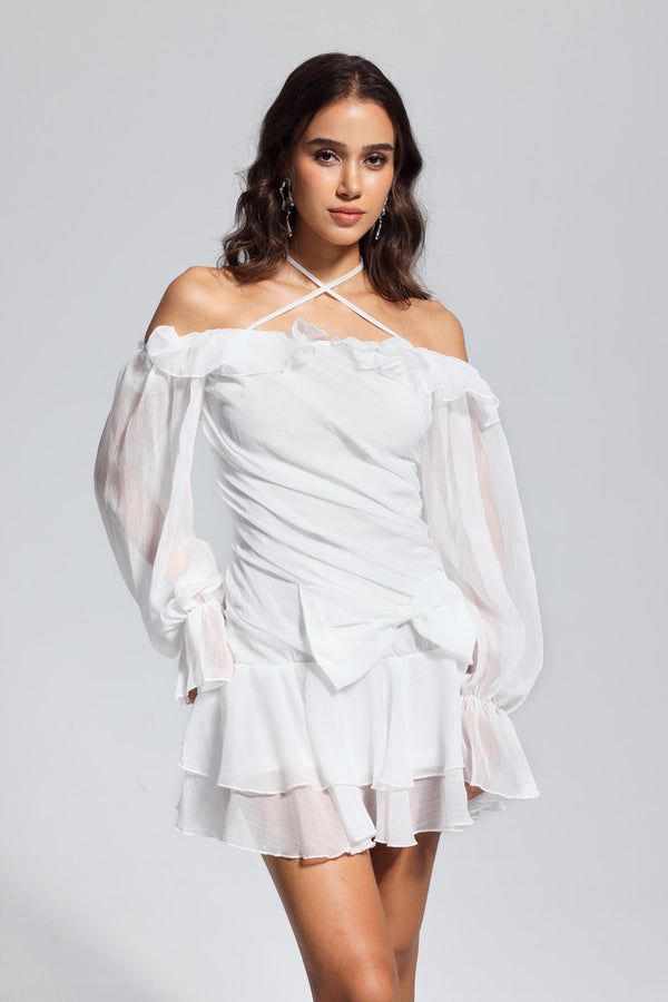 Liberty Mesh Ruffle Asymmetric Bow Mini Dress