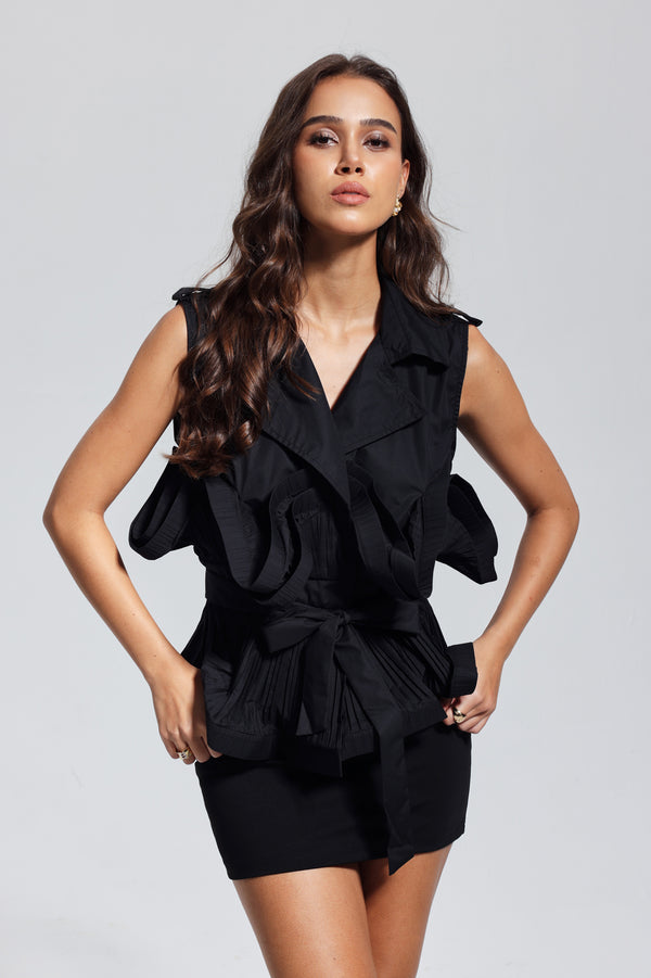 Lilia Ruffle Ruch Lace Up Vest In Black