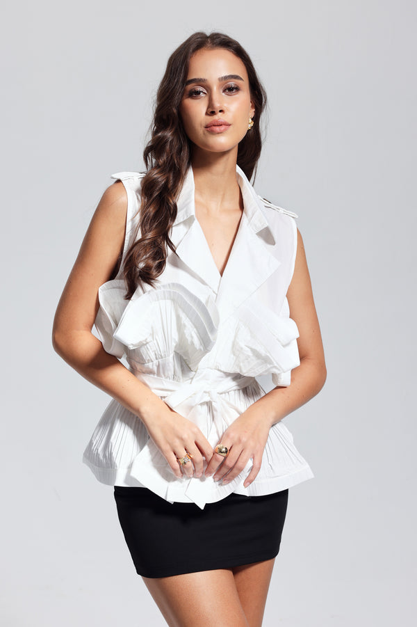 Lilia Ruffle Ruch Lace Up Vest In White