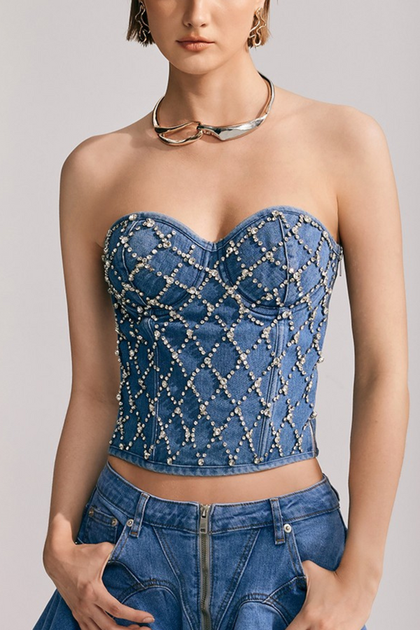 Livia Diamonds Embellished Strapless Denim Top