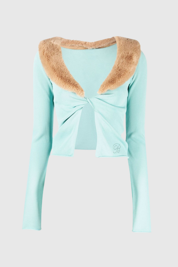 Mariam Plunge Faux Fur Patchwork Top In Blue