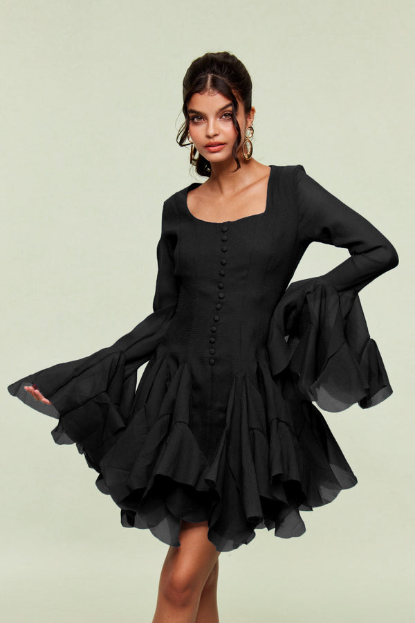McCarthy Mesh Ruffle Mini Dress In Black