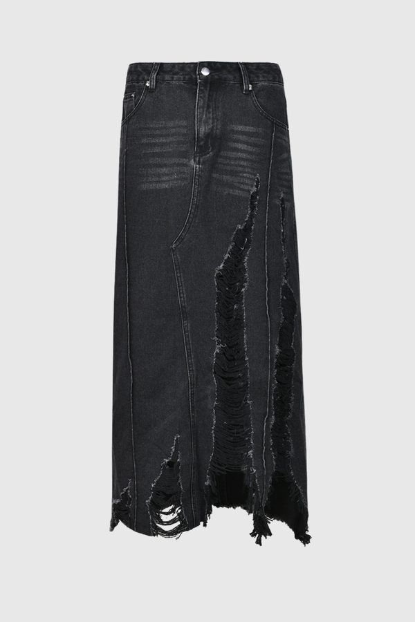 Melany Fringe High Split Denim Maxi Skirt