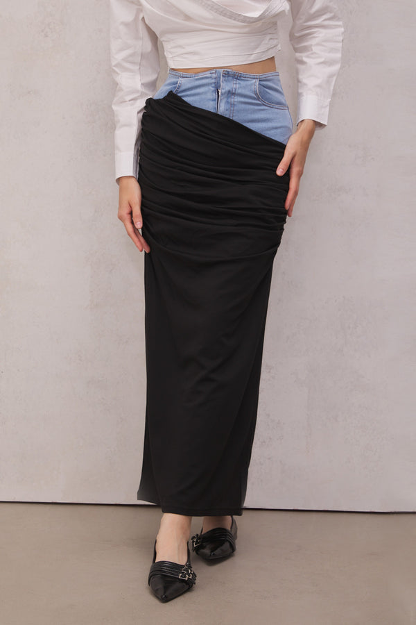 Melody Draped Patchwork Denim Skirt