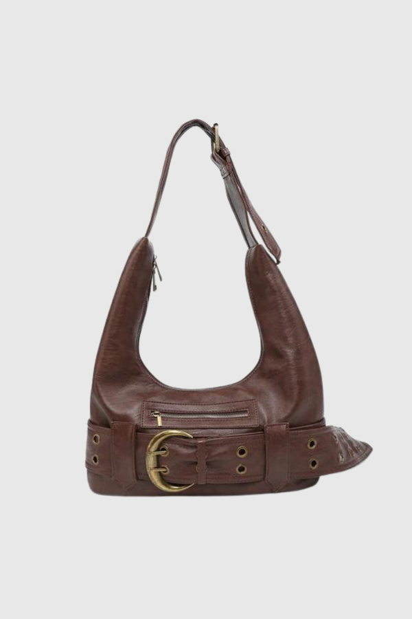 Michaela Belt Patchwork Faux Leather Bag In Brown