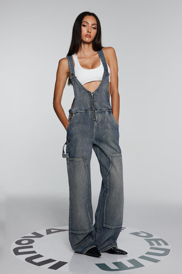 Mikaela Plunge Zipper Hollow Denim Jumpsuits